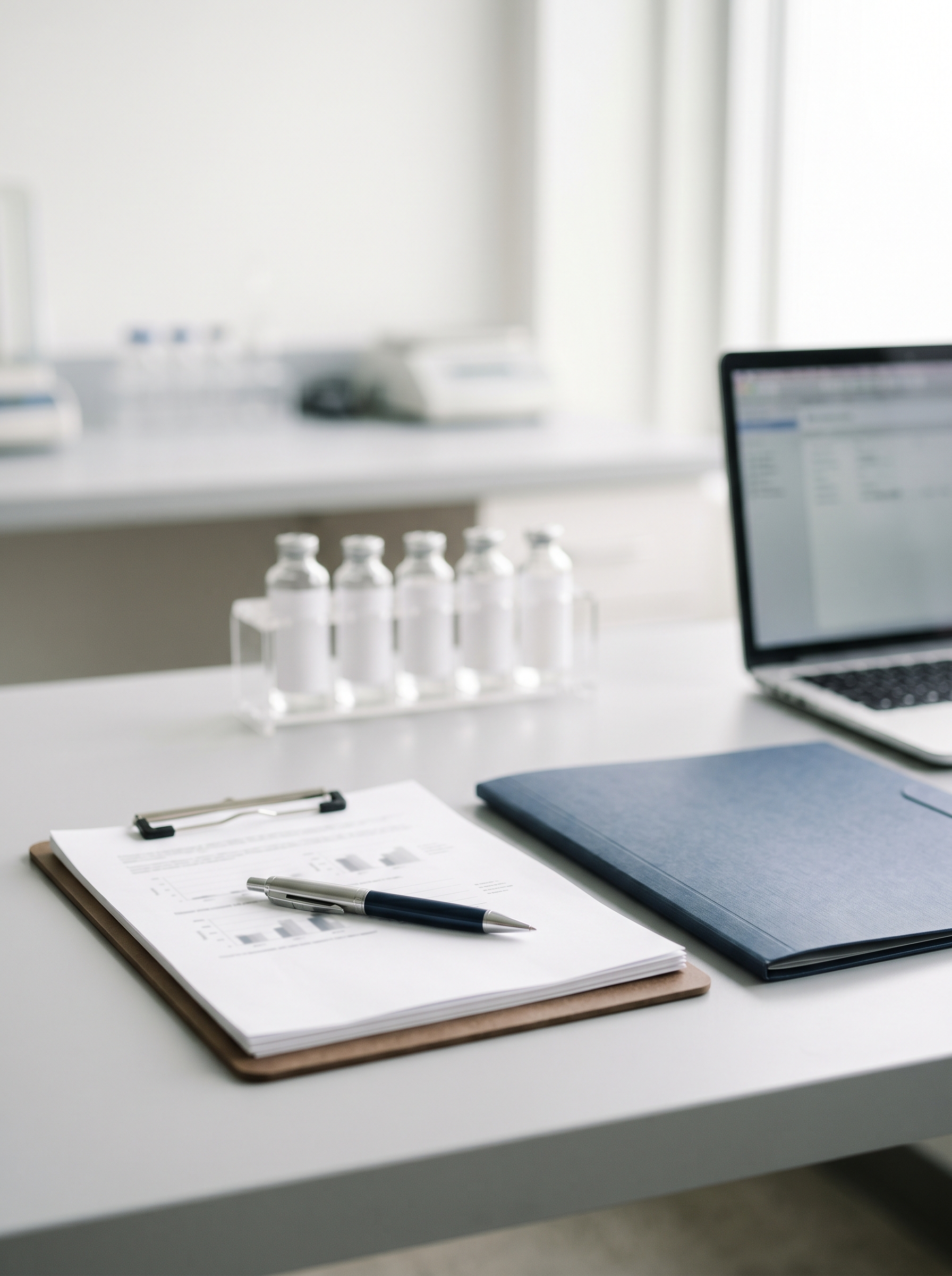 Professional lab documentation workspace with vials, clipboard, and laptop.