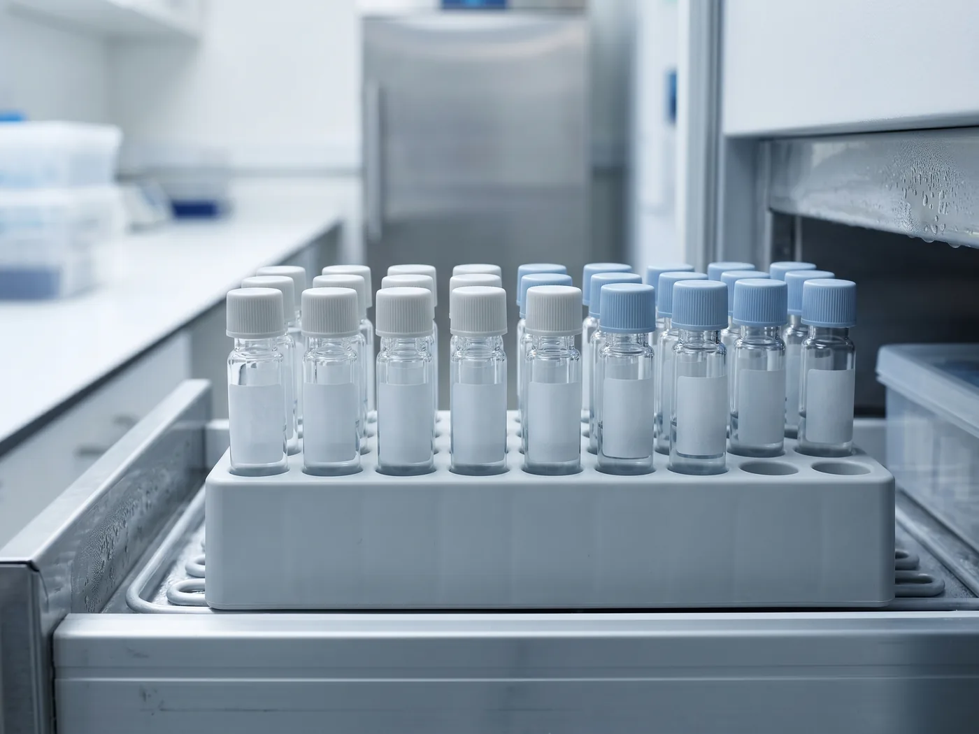Generic vials arranged for storage and handling.